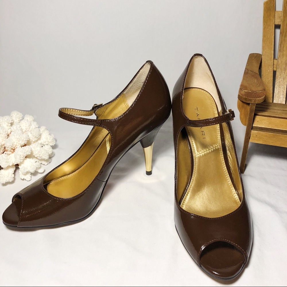 Tahari Monica Brown Patent Peep toe Heels
